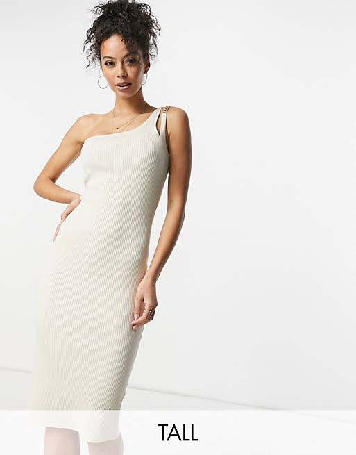 4th & Reckless Tall knitted one shoulder chain strap detail midi dress in cream