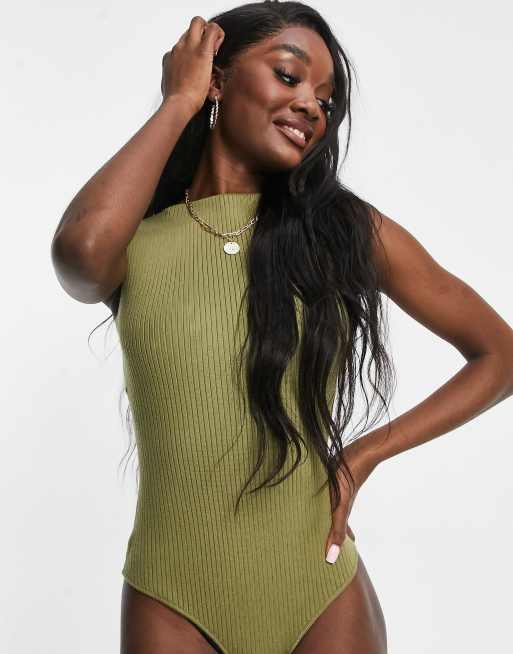 4th & Reckless Tall knitted slash neck bodysuit in khaki