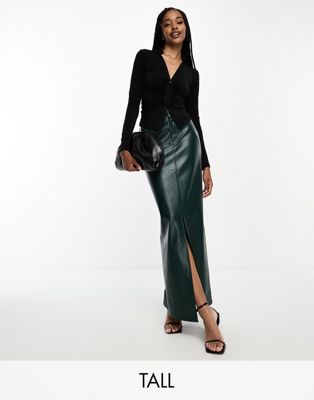 4th & Reckless Tall exclusive leather look front spilt maxi skirt in emerald green