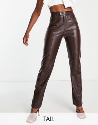 4th & Reckless Tall leather look straight leg trousers in deep brown