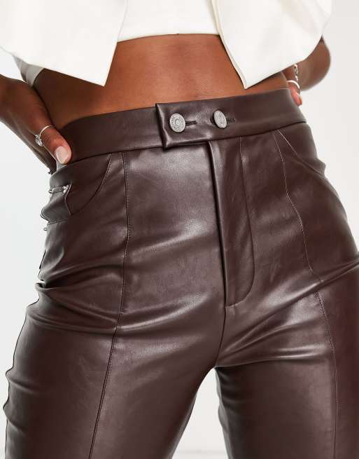 4th & Reckless Tall leather look straight leg trousers in deep brown