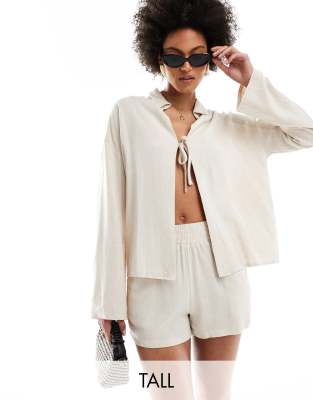 4th & Reckless Tall 4th & Reckless Tall linen tie front shirt co-ord in beige-Neutral