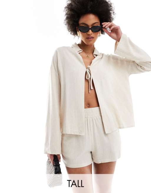 4th & Reckless Tall - Linnen overhemd met gestrikte voorkant in beige, deel van co-ord set