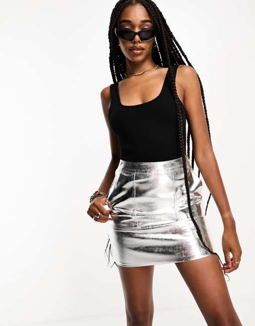 4th & Reckless Tall metallic leather look mini skirt in silver