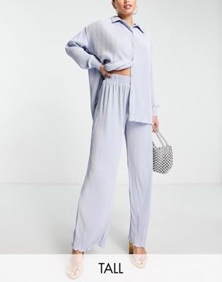 4th & Reckless Tall plisse wide leg trouser co-ord in blue