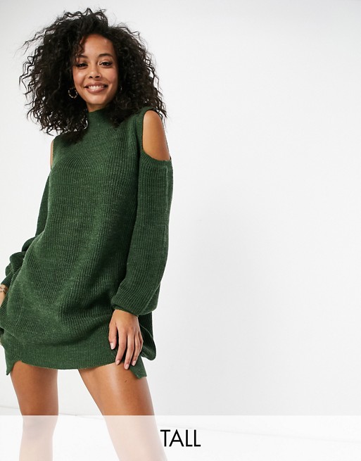 4th & Reckless Tall roll neck cold shoulder knitted midi dress with stepped hem in sage