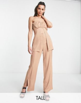 4th & Reckless Tall satin bodice spilt front woven top co ord in tan