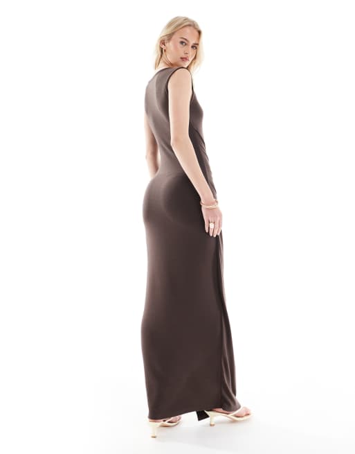 リルアー　drape design dress M-Long brown Long Sleeve Mesh Insert Draped Maxi Dress Brown - Luxe Maxi