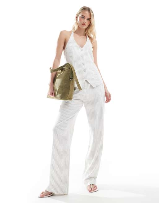 4th & Reckless Tall tailored halterneck button through vest in white pinstripe - part of a set