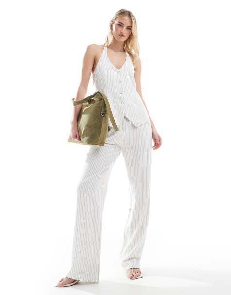 4th & Reckless Tall tailored halterneck button through waistcoat and pants set in white pinstripe - view 1