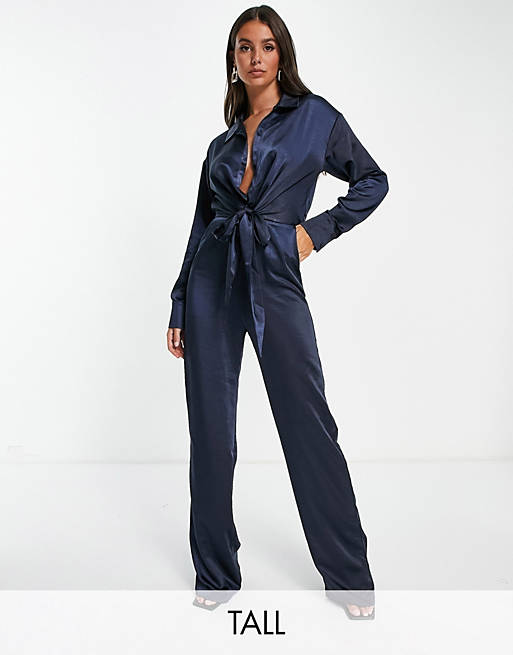 4th & Reckless Tall tie front detail satin wide leg jumpsuit in navy
