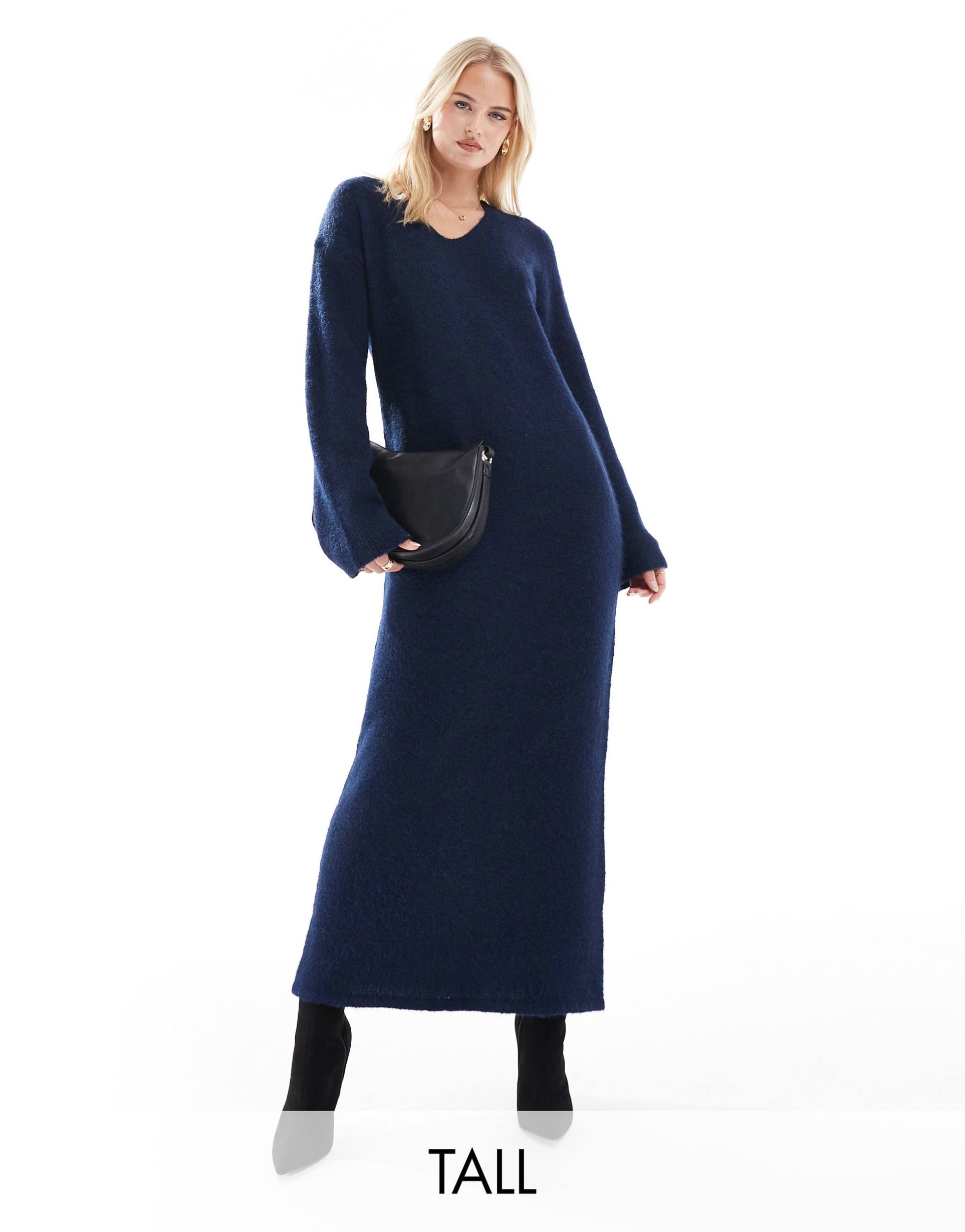 4th & reckless tall wool mix fluffy knit v neck maxi sweater dress in navy