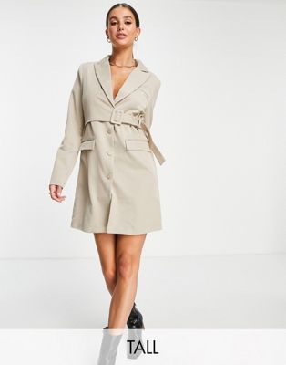 4th & Reckless Tall exclusive wrap button detail blazer dress in beige