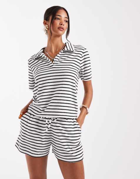 4th & Reckless terrycloth polo top and shorts set in mono stripe - view 1