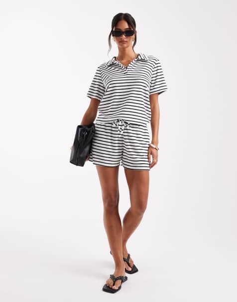 4th & Reckless terrycloth polo top in black and white stripes - part of a set - view 1