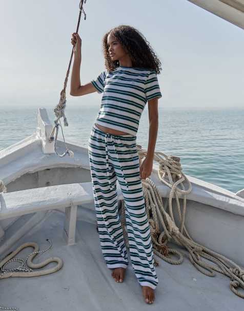 4th & Reckless terrycloth tie waist wide leg pants in baby blue stripes - part of a set - view 1