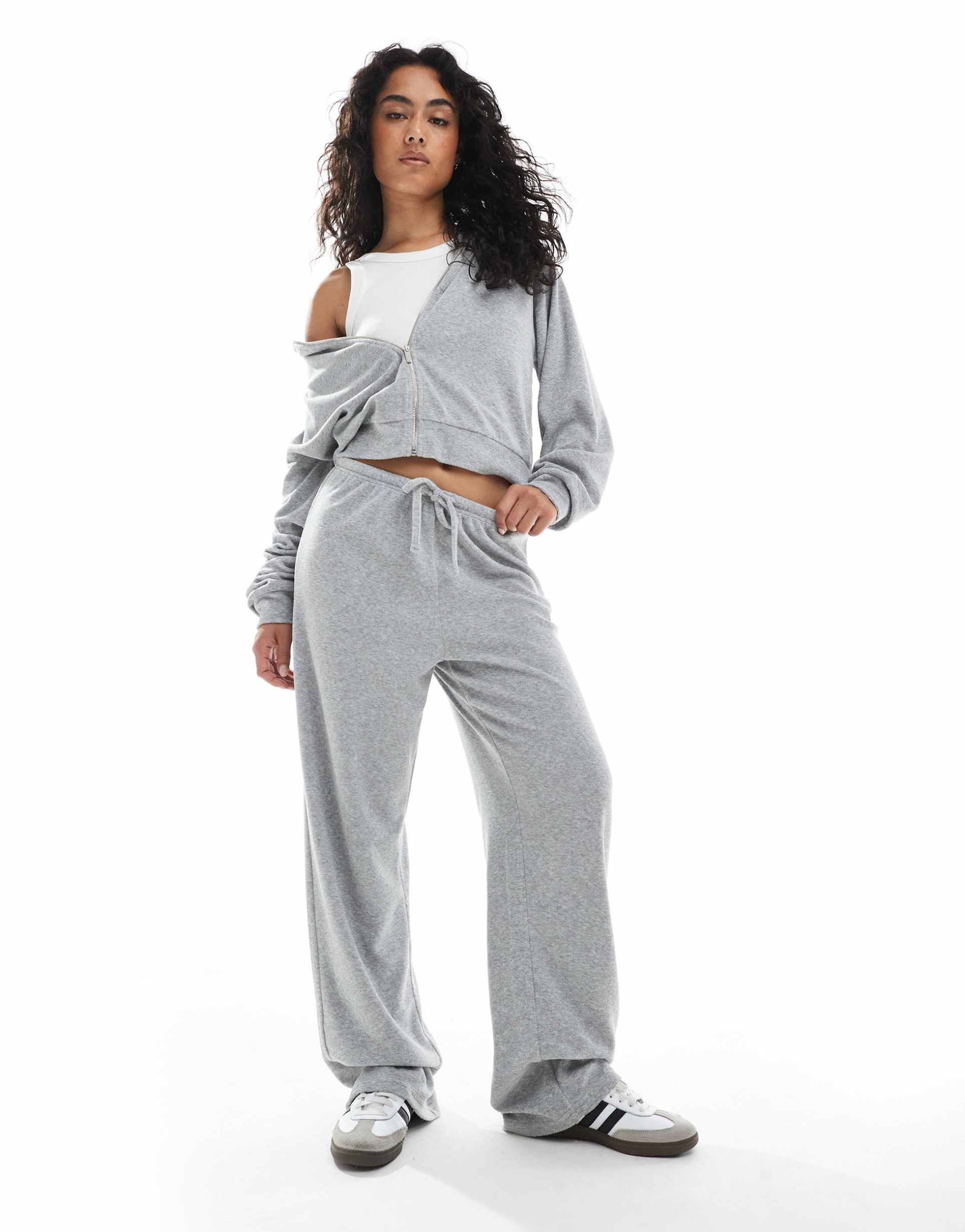 4th & reckless terrycloth tie waist wide leg sweatpants in heather gray - part of a set