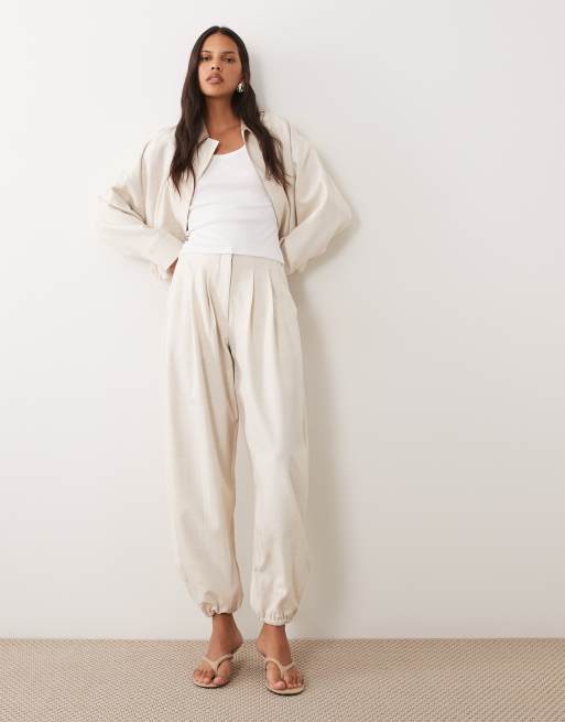 4th & Reckless contrast collar bubble hem bomber jacket and pants in oat, 3 of 3