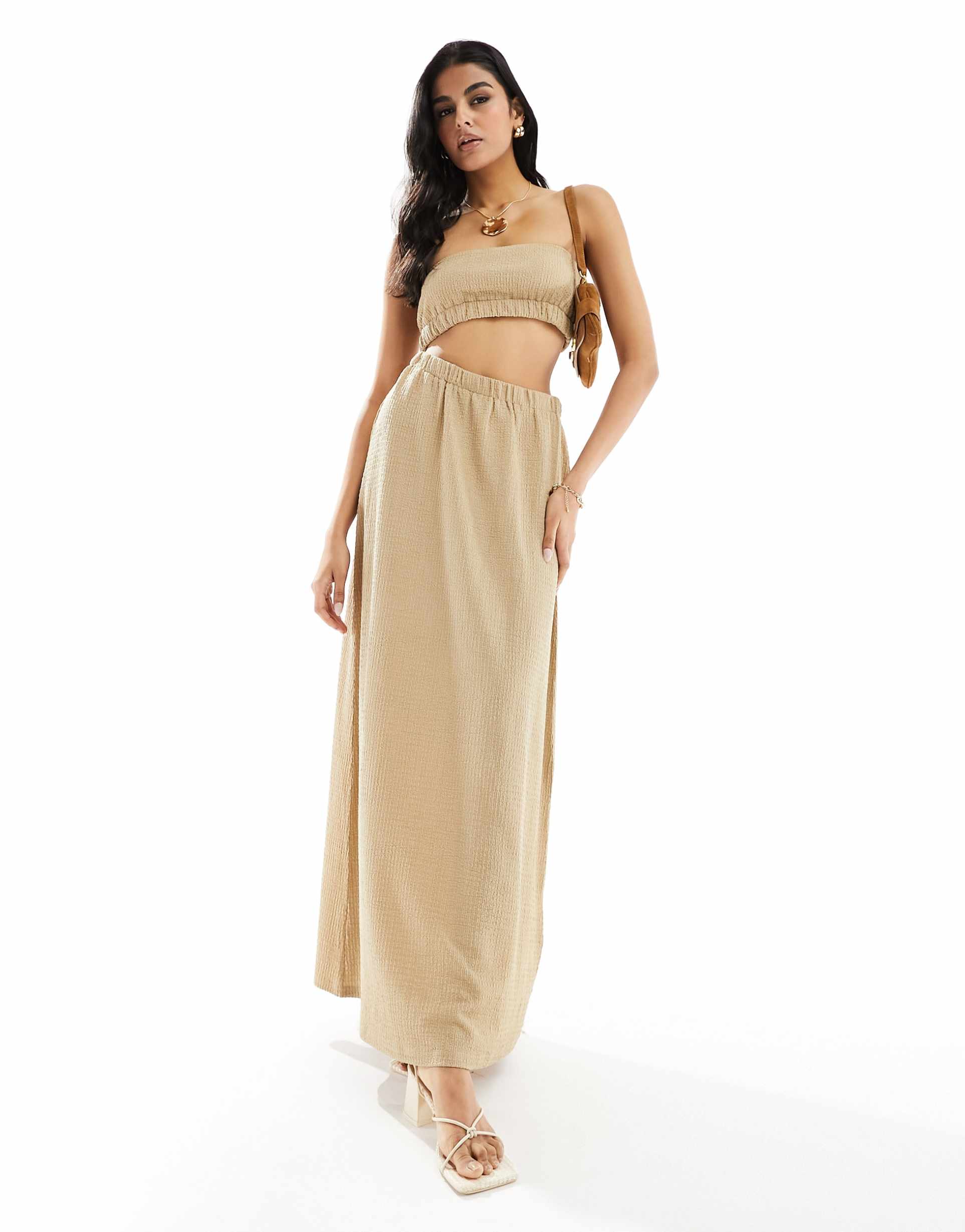 4th & reckless textured bandeau cut out side maxi dress in light brown