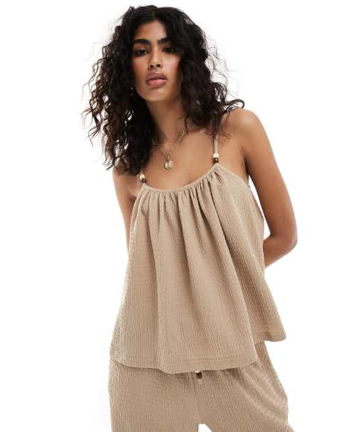4th & Reckless textured beaded cami top co-ord in light brown - view 1