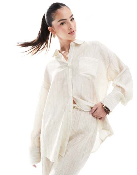 4th & Reckless textured button through beach shirt co-ord in beige - view 1