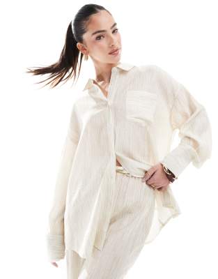 textured button up beach shirt in beige - part of a set-Neutral