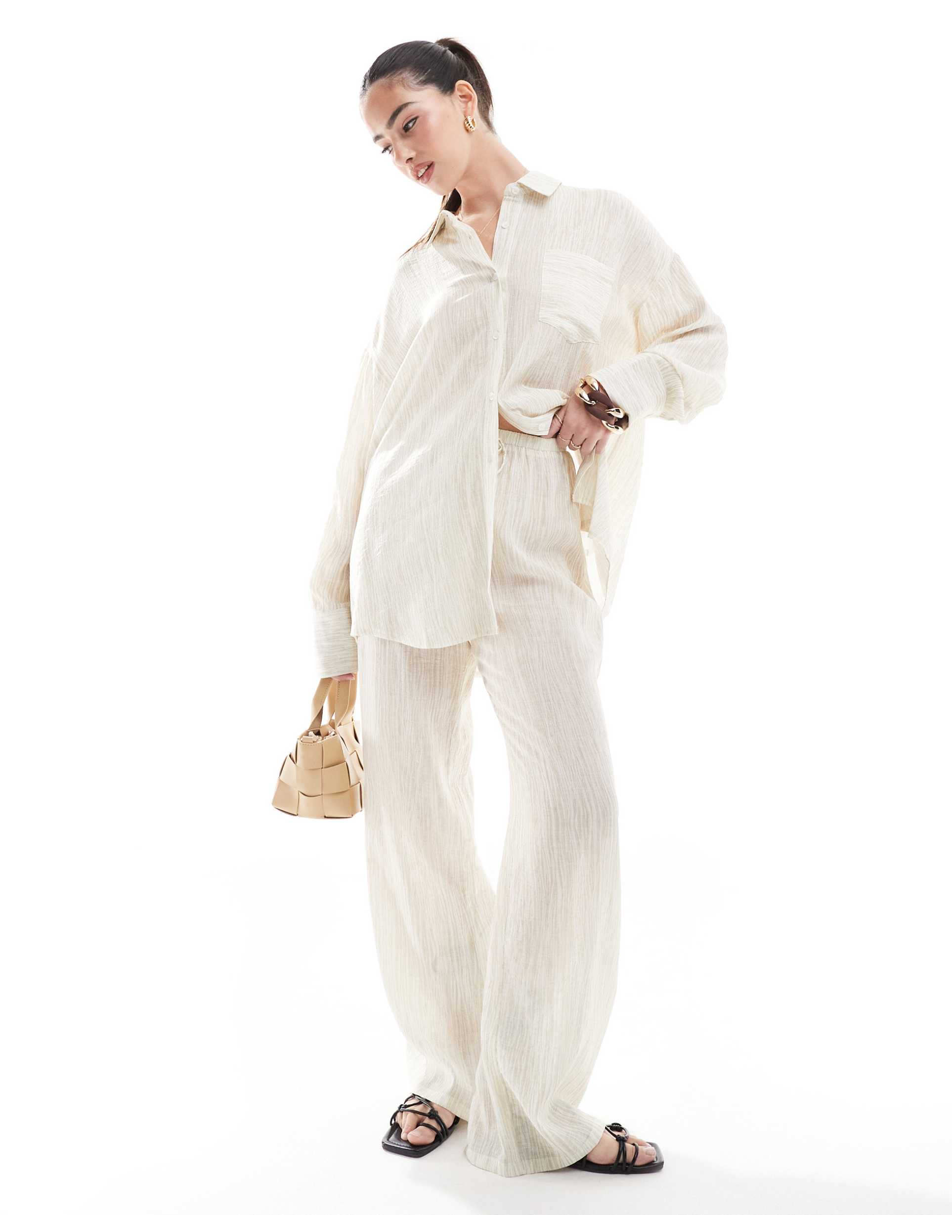 4th & reckless textured high waist beach pants in beige - part of a set