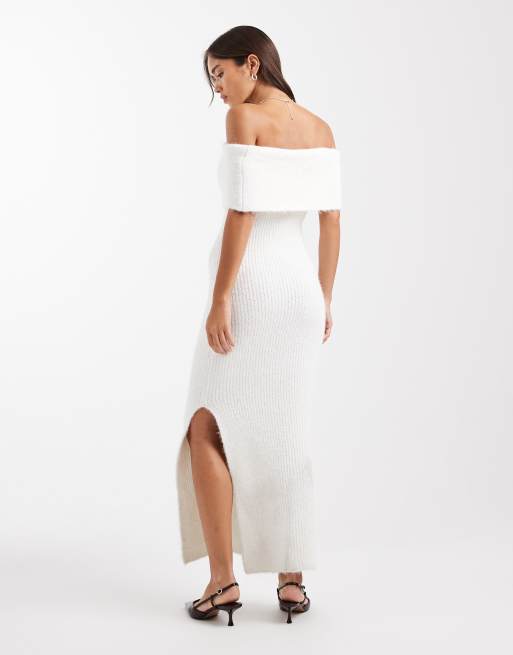 4th & Reckless textured knit bardot maxi sweater dress in off-white