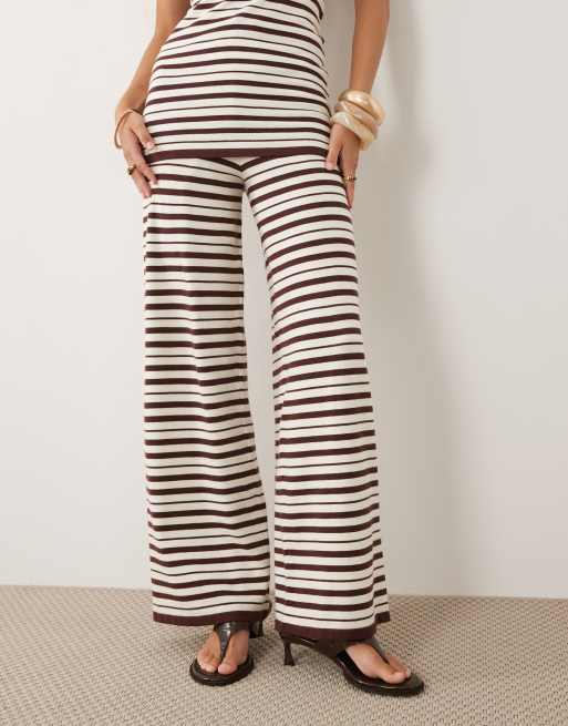4th & Reckless textured knit drawstring waist wide leg trousers co-ord in chocolate & cream stripe, 4 of 5