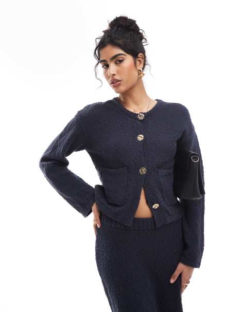 4th & Reckless textured knit gold button pocket detail cardigan co-ord in navy - view 1