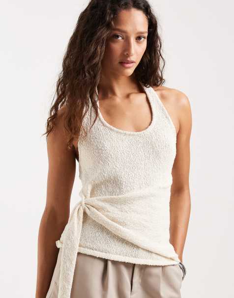 4th & Reckless textured knit scoop neck halterneck drape detail top in cream - view 1