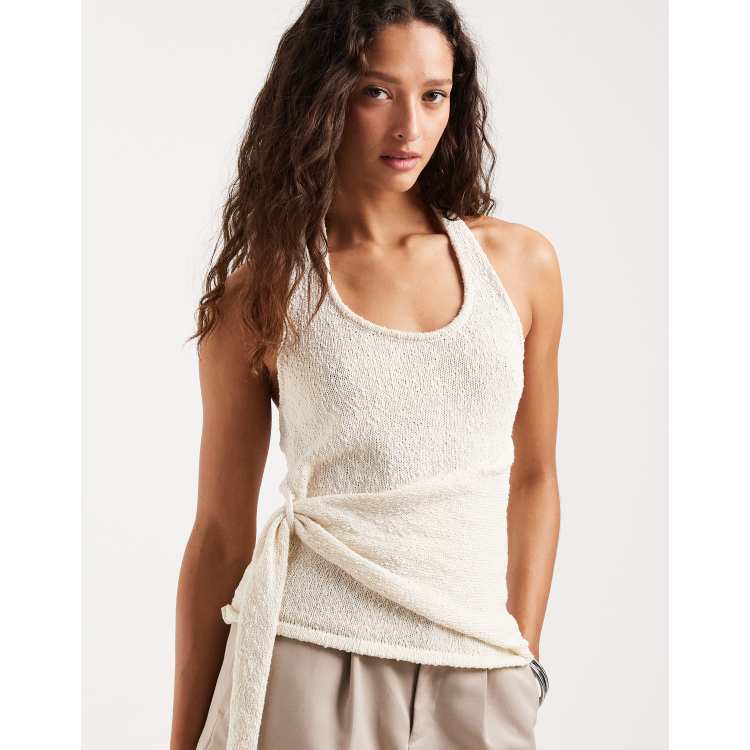 4th & Reckless textured knit scoop neck halterneck drape detail