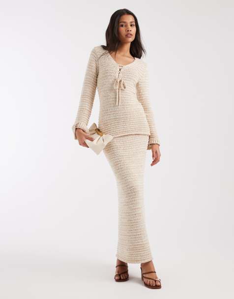 4th & Reckless textured knit tie front detail long sleeve top and maxi skirt set in oat - view 1