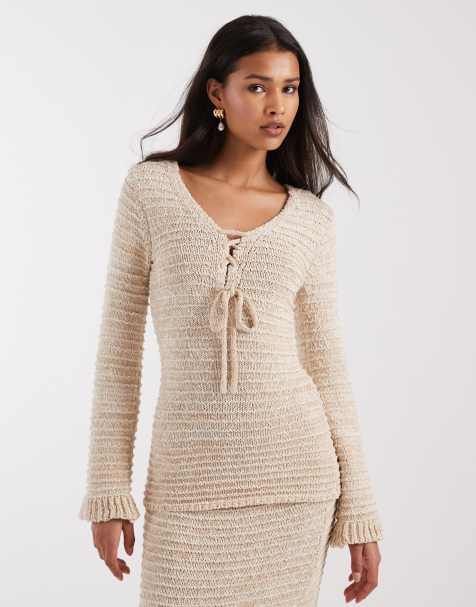 4th & Reckless textured knit tie front detail long sleeve top co-ord in oat - view 1