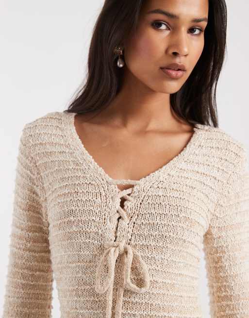 4th & Reckless textured knit tie front detail long sleeve top in oat (part of a set), 2 of 4