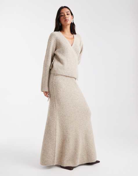 4th & Reckless textured knit wrap cardigan and knitted maxi skirt co-ord in beige - view 1