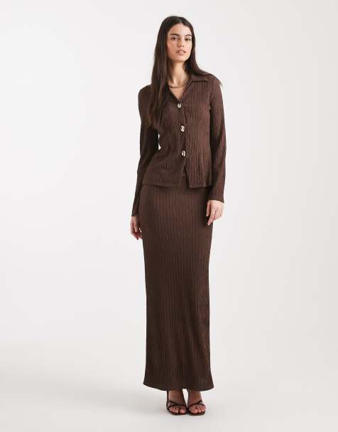 4th & Reckless textured rib collared long sleeve gold button through top and midaxi skirt co-ord in chocolate - view 1