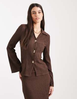 4th & Reckless Textured Rib Collared Long Sleeve Gold Button Through Top Co-ord In Brown