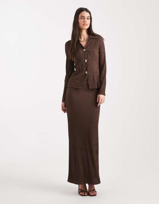 4th & Reckless textured rib collared long sleeve gold button up top in chocolate - part of a set, 3 of 4