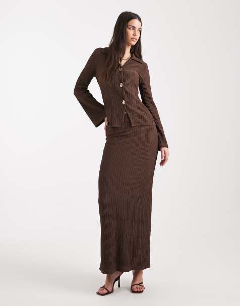 4th & Reckless textured ribbed high waisted maxi skirt in chocolate - part of a set - view 1