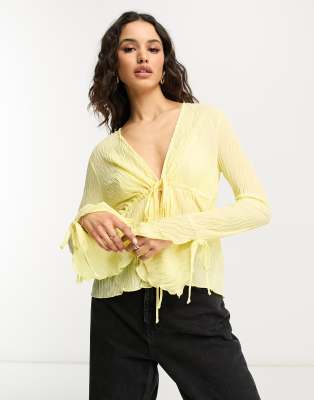 4th & Reckless 4th & Reckless textured tie front bell sleeve top in yellow