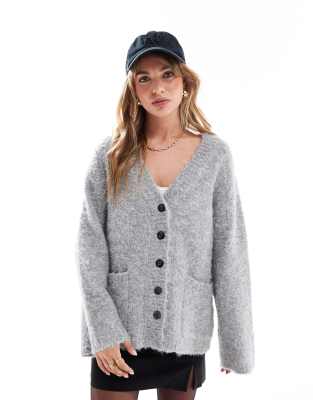 textured wool mix button through longline cardigan in gray