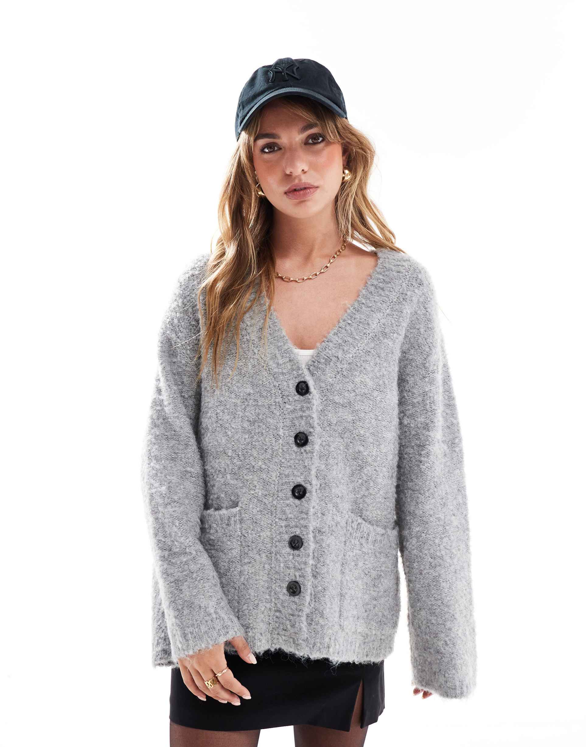 4th & reckless textured wool mix button through longline cardigan in gray