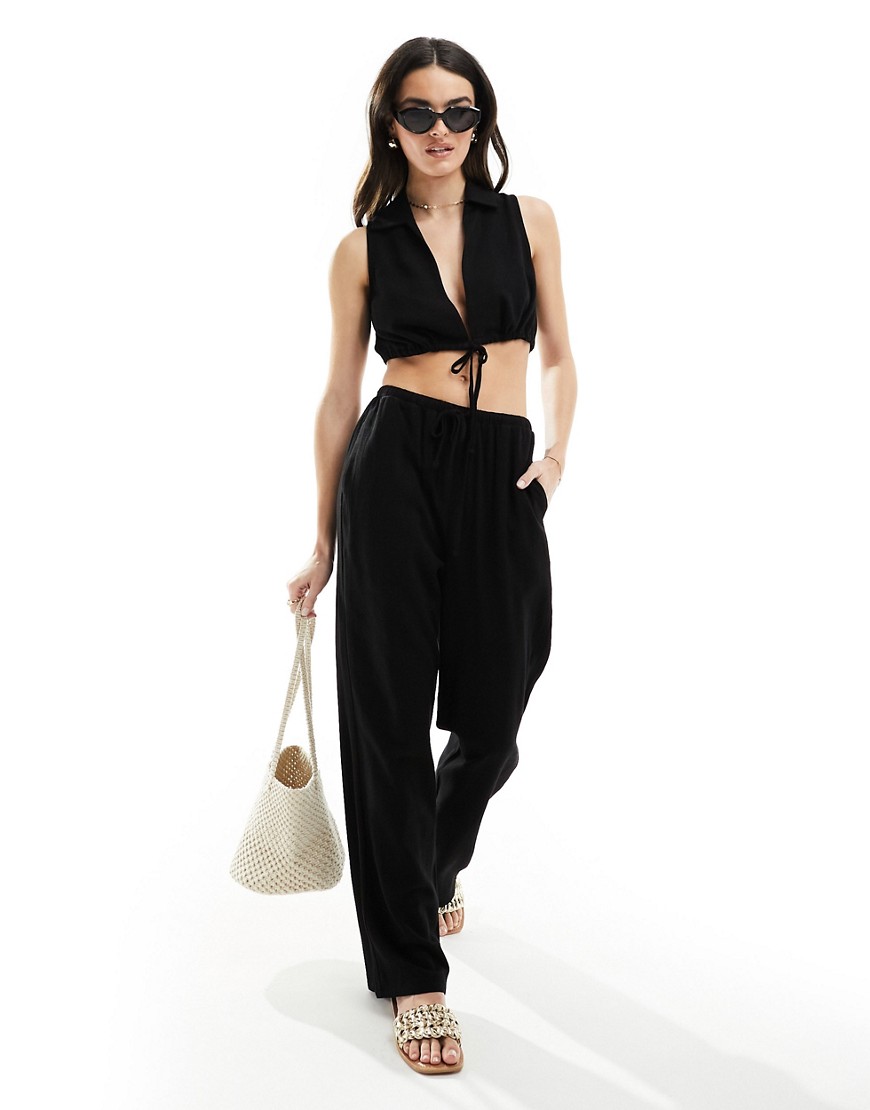 tie front beach pants in black - part of a set