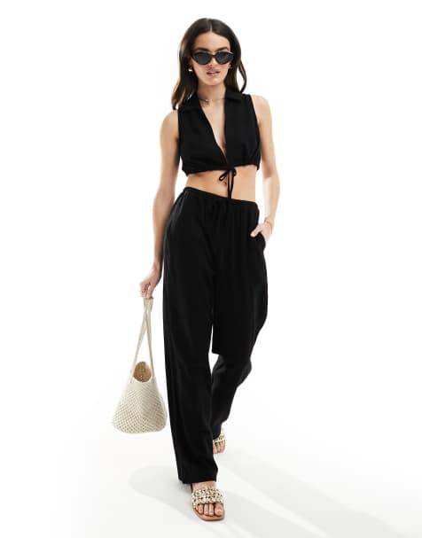 4th & Reckless tie front beach trouser co-ord in black - view 1
