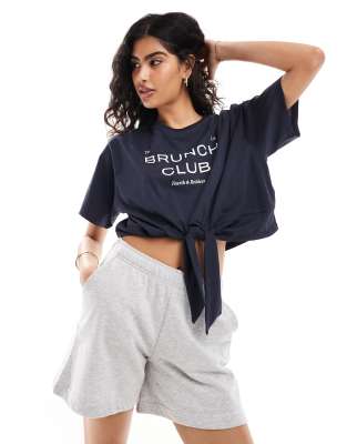  4th & Reckless tie front brunch club motif cropped t-shirt in navy