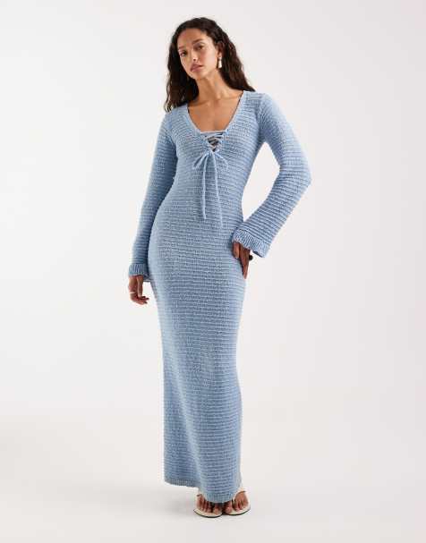 4th & Reckless tie front flute sleeve crochet maxi dress in blue - view 1