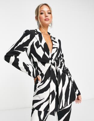 4th & Reckless tie front satin blazer in zebra print (part of a set) - ASOS Price Checker