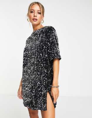 Women's Black Open Back Sequin T Shirt Dress, Marca