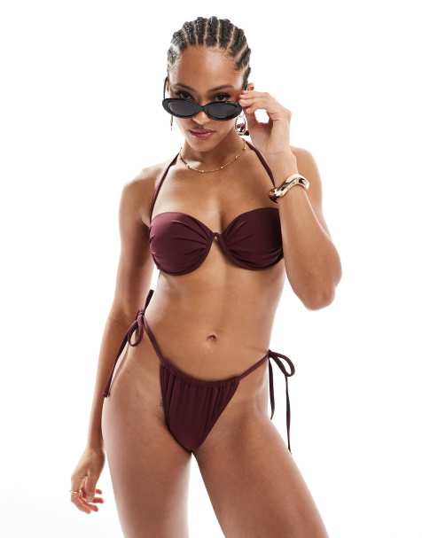 4th & Reckless tie side bikini bottom co-ord in burgundy - view 1